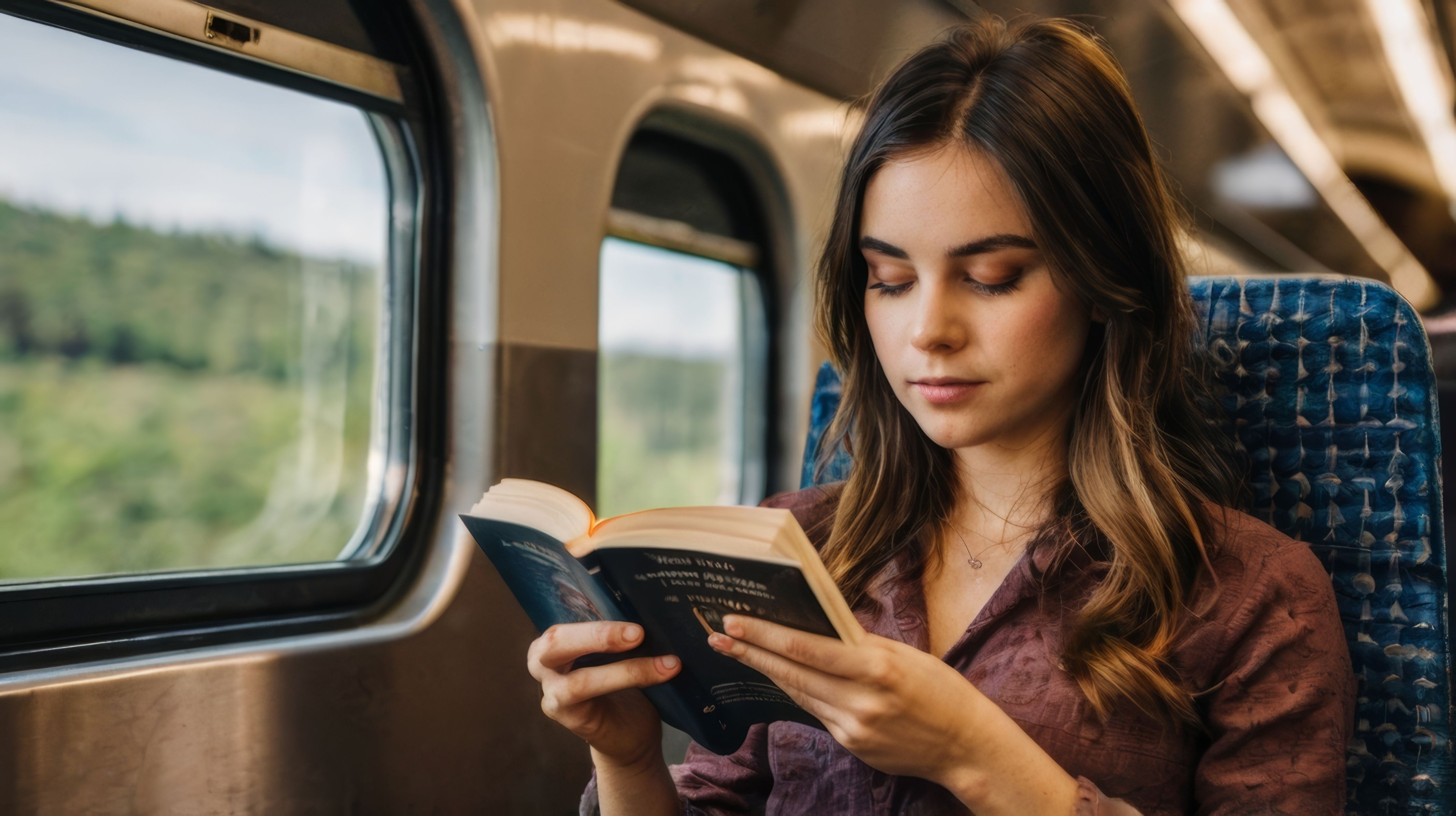 Женщина читает книгу в поезде